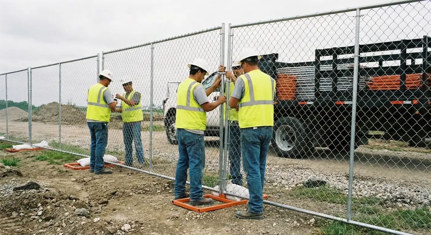 Farmers Blvd Fence Rentals team installing temporary fencing in Saint Albans, NY