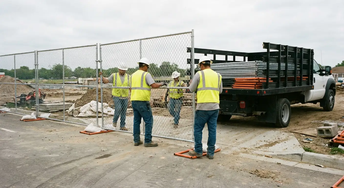 Farmers Blvd Fence Rentals team securing a construction site perimeter in Saint Albans, NY